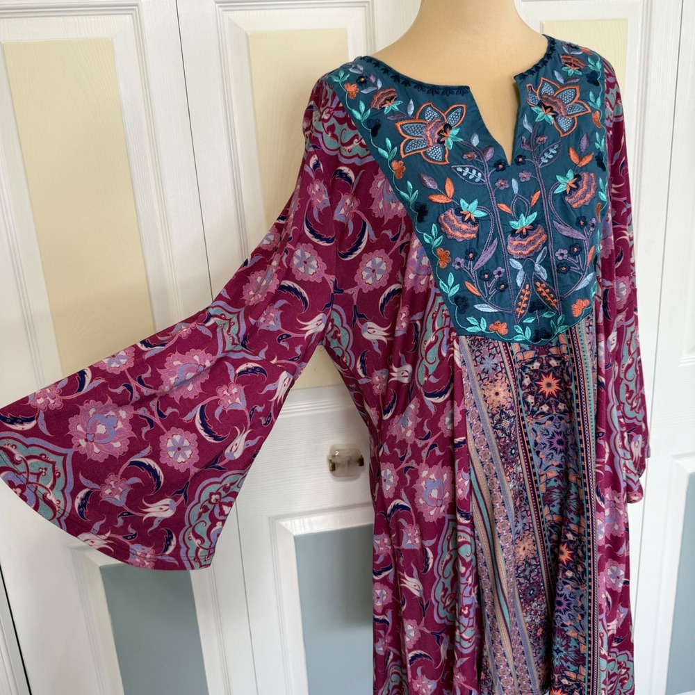 Soft Surroundings Berry Floral Embroidered Bib Bell Sleeve Tunic Dress XL 2EU17 - Picture 3 of 9
